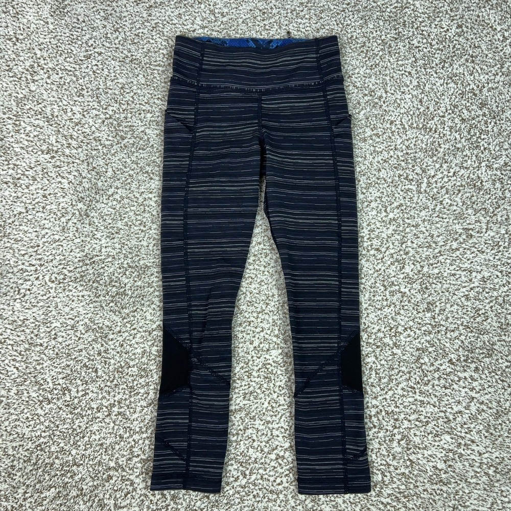 Lululemon Pants Womens 2 Black Striped Cropped Leggings Pockets Run Zip Gym